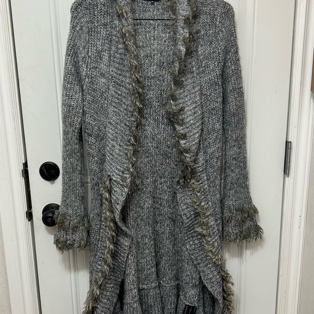 Midi Waterfall Gray Cardigan Faux Fur Laced Trim